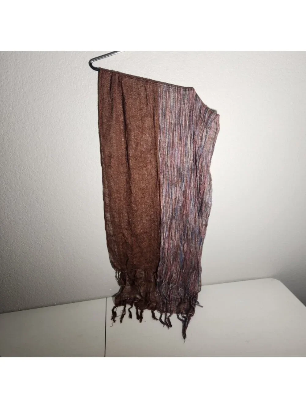 Handwoven Boho Scarf With Brown & Multicolor Panels Fringed Ends & Decorative Bu